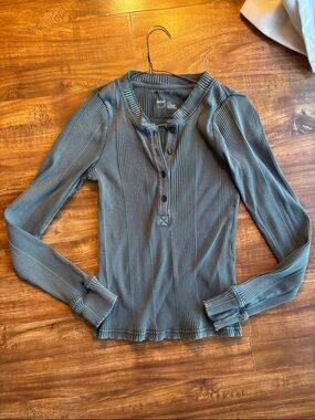 Aerie Slate Blue Green Ribbed Henley Long-Sleeve Top